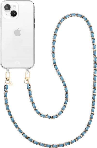 xoxo Wildhearts siliconen hoesje geschikt voor iPhone 15 Plus - Classic Chain - Denim (lang koord) - Telefoonhoesje - Hoesje met koord - Schakelketting - Lang telefoonkoord - Denim blauw met goud - Transparant hoesje