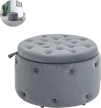 Poef Met opbergruimte - Voetenbankje - Hocker op pootjes - Rond - Moderne Kruk - Grijs - 60 x 40 x 40 cm