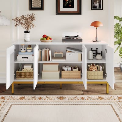 DESMIU Dressoir - Hoogglans Opbergkast Met Gouden Details - Voor Woonkamer En Hal - MDF Spaanplaat - 140x40x80 Cm - Wit En Goud