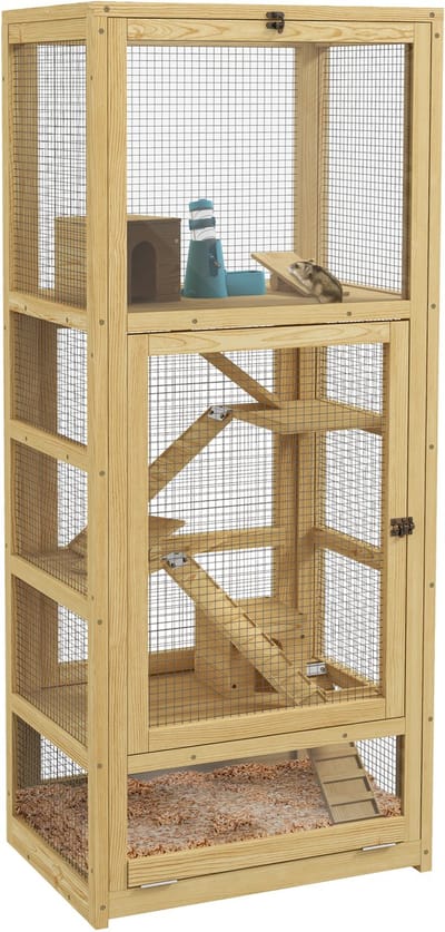PawHut-Hamsterkooi-Vurenhout-54x38x131cm-Natuurlijk hout