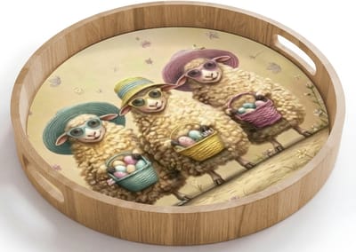 Dienblad rond 40x40 cm - Schootdienblad hout - Schaapjes - Eieren - Bloemen - Pasen - Borrelplank rechthoek - Plateau houten dienbladen