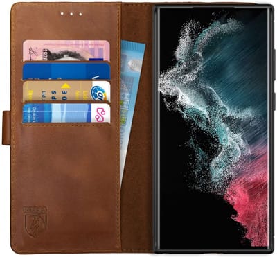 Rosso Deluxe Echt Leer Book Case Hoesje Geschikt voor Samsung Galaxy S22 Ultra | Ruimte voor drie pasjes | Portemonnee Book Case | Met Pasjeshouder | Bruin