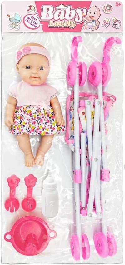 Kinderpop met kinderwagen - Poppenaccessoires peuter - Rollenspel thuis - Realistische pop - 25 cm pop - Roze