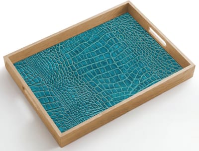 Dienblad hout 50x35 cm - Schootdienblad - Krokodillenleertextuur - Blauw - Exotisch - Borrelplank rechthoek - Plateau dienbladen