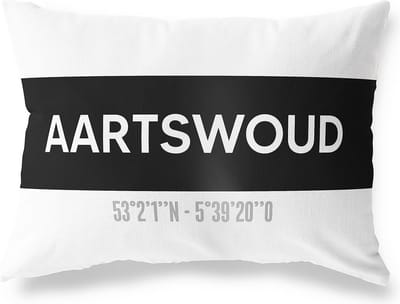 Tuinkussen AARTSWOUD - NOORD-HOLLAND met coördinaten - Buitenkussen - Bootkussen - Weerbestendig - Jouw Plaats - Studio216 - Modern - Zwart-Wit - 50x30cm