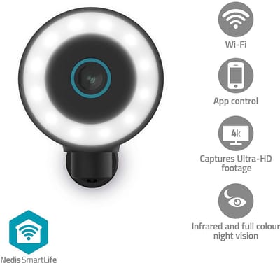 Nedis SmartLife Outdoor Camera Wi-Fi Spotlight 4K / 3840x2160 IP65 Cloud Storage (option) / microSD (not included) / Onvif 5 V DC With motion sensor Night vision Black