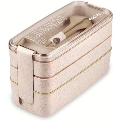 1 Set 3-in-1 Bento Box Set - Magnetron- en vaatwasserbestendige lunchbox met verdelers en bestek - Perfect voor school, reizen en snacks beige
