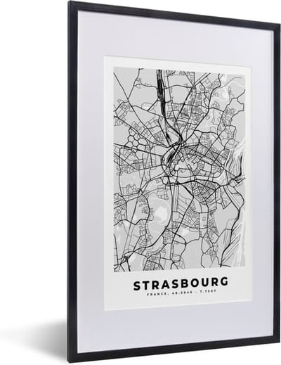 Fotolijst incl. Poster - Kaart - Stadskaart - Strasbourg - Plattegrond - Frankrijk - 40x60 cm - Posterlijst