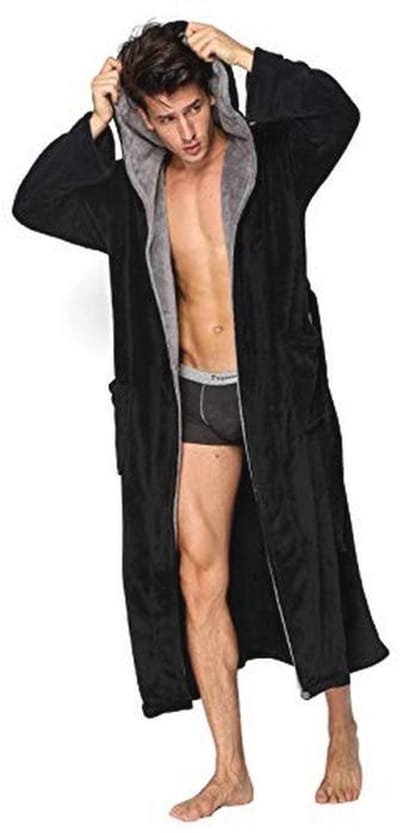 Zwarte zachte herringbone badjas met kimono kraag - volledig lengte (M)
