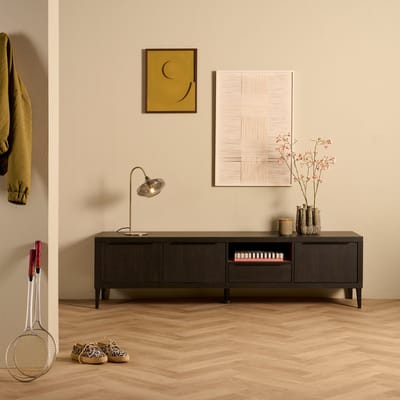 TV-Meubel Zwanenburg - Lamulux - Zwart/Teak - 192x52x48 cm (BxHxD) - 3 Draaideuren - 1 Lade