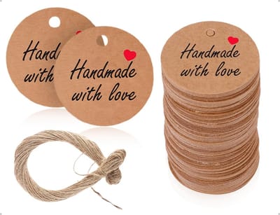 Dailygoods- Hangetiketten 100 stuks - Ronde etiketten 30 mm - Kraftpapier - Decoratieve labels - Henneptouw 20 m - Handgemaakt met liefde