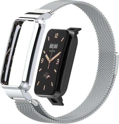By Qubix - Milanese loop bandje met case - Zilver - Geschikt voor Xiaomi Smart Band 7 Pro / Mi Band 7 Pro bandje