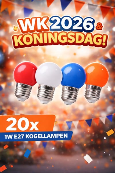Set van 20 led lampen in kleuren Rood Wit Blauw Oranje 1W - E27 voor Koningsdag of WK2026