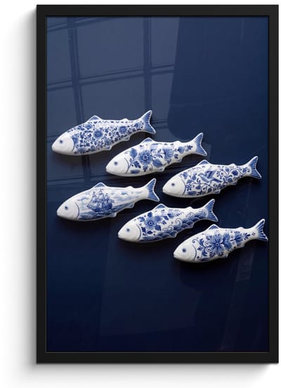 Poster in lijst - Fotolijst 40x60 cm - Posters - Vissen - Delfts - Blauw - Keramiek - Posterlijst zwart - Decoratie - Wanddecoratie woonkamer - Muurdecoratie slaapkamer
