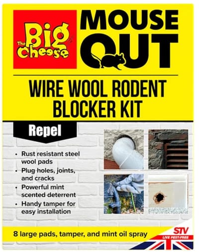 The Big Cheese - Knaagdierwerende Staalwol Kit - Met Pepermuntolie - Blokkeert Ingangen - Rodent Blocker Kit - bestaande uit 8 x staalwol / 1 maal aanstamper / anti muis munt geur