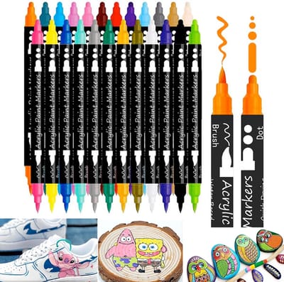 Acryl Marker Verfstiften-24 Kleuren-Acrylic Verf Pennen Dual met dubbele penpunt-Acrylic Verf Markers- Met FijneTip Ronde Tip Voor Rock Schilderen Canvas Glas Keramiek Hout DIY Ambachten Kleurplaten Decoreren