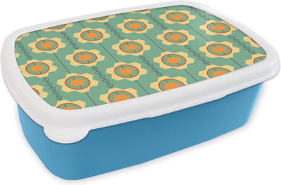 Broodtrommel Blauw - Lunchbox - Brooddoos - Zonnebloem - Patronen - Tandwielen - Retro - 18x12x6 cm - Kinderen - Jongen