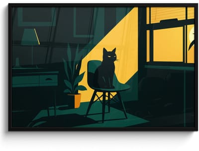 Poster in lijst - Fotolijst 120x80 cm - Posters - Zwarte kat - Mysterieus - Gele instraal - Posterlijst zwart - Decoratie - Wanddecoratie woonkamer - Muurdecoratie slaapkamer