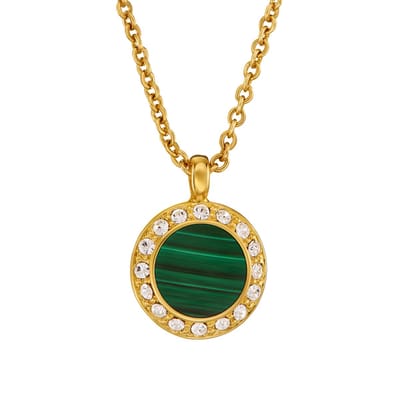 Traveller Ketting met Hanger - Dames - 22kt Verguld - Echt Malachiet - Groen - Kristal - Ø 11mm - 40 + 4 + 4 cm - Preciosa Crystals - Uniek - 112504
