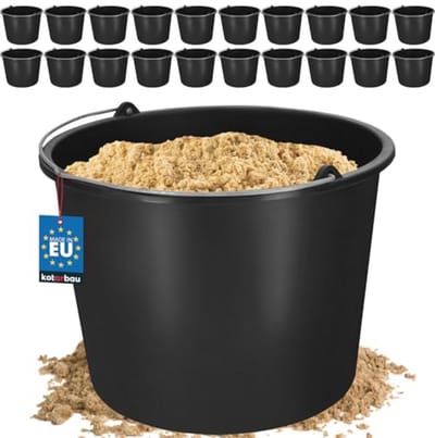 Set van 20 stevige bouwemmers - 12 liter, kunststof poetsemmer, mortelmix emmer, wateremmer, zwart