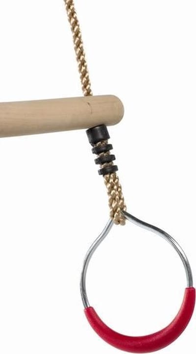 Houten Trapeze met Rode metalen ringen en PP touwen