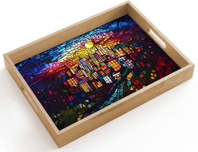 Dienblad hout 40x30 cm - Schootdienblad - Stad - Maan - Mozaïek - Kleurrijk - Borrelplank rechthoek - Plateau dienbladen