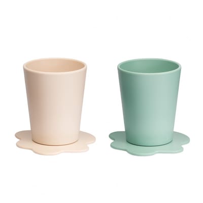 STEDDI - Open oefenbeker - Drinkbeker voor Baby's, Peuters en Kinderen – Valt niet om – Geen rietje of tuitje; essentieel voor een gezonde ontwikkeling van de mond - aanbevolen door logopedisten en pedagogen – Set van 2 - Beige en groen - 150ML