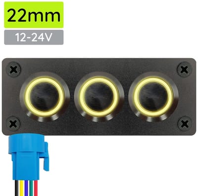 ProRide Metalen pulsschakelaar 12-24V OFF-(ON) - Inbouwpaneel drievoudig - 22mm - IP67 - LED indicatie Geel
