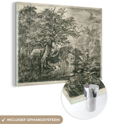 ® Glasschilderij 160x120 cm - Schilderij acrylglas - De reizigers - Schilderij van Jacob van Ruisdael - Foto op glas - Muurdecoratie woonkamer - Wanddecoratie slaapkamer - Schilderijen