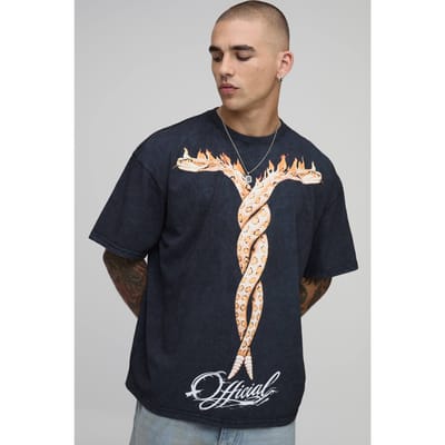 Acid Black Oversized T-shirt Met Slang Vlammen Print | Acid Wash Black | Size XS