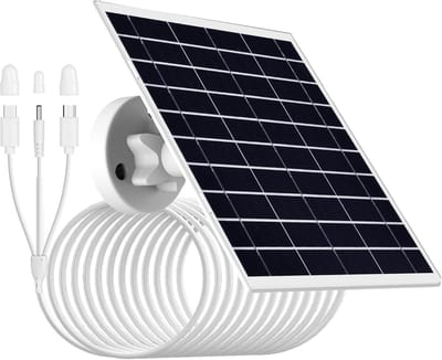 Een 9W/5V zonnepaneel geschikt voor beveiligingscamera's, geschikt voorzien van een 4 meter lange 3-in-1 oplaadkabel, waterdicht en geschikt voor gangbare camera's met een energiezuinige batterij.