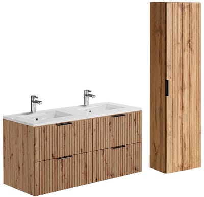 Vente-unique Geribbeld badkamermeubel met opbouwwastafel en kolomkast - Licht naturel - 120 cm - ZEVARA