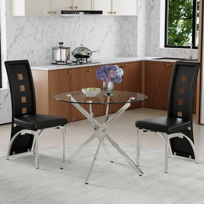 Tafel- en stoelenset. Luxe eettafel van 88 cm van gehard glas + 2 zwarte eetkamerstoelen met een geometrisch geperforeerd patroon van kunstleer. Moderne, minimalistische set bestaande uit 1 tafel en 2 stoelen.