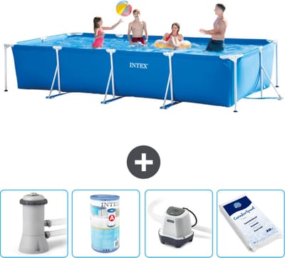 Intex Rechthoekig Frame Zwembad - 450 x 220 x 84 cm - Blauw - Inclusief Zwembadfilterpomp - Filter - Zoutwatersysteem - Zwembadzout - 5-delig