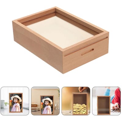 Nul Spaarpot Houten Tips Transparante Spaarpotjes Schaduw Vitrine Bank Houten Frame Munt Contant Geld Opbergbak Pot Tip white