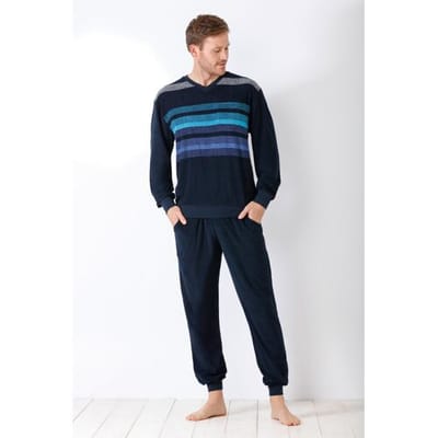 Blauwe badstof heren pyjama Hajo - Blauw - Maat - 58