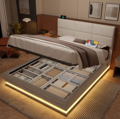 MEUNIQ Bedframe 160x200 cm met verstelbaar hoofdeinde, LED-verlichting, USB/Type-C en hydraulische opbergruimte, beige