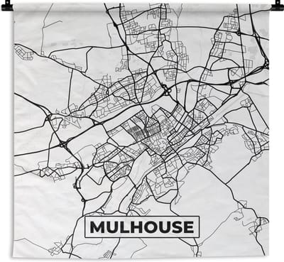 Wandkleed - Wanddoek - Kaart - Plattegrond - Frankrijk - Mulhouse - Stadskaart - Zwart wit - 180x180 cm - Wandtapijt