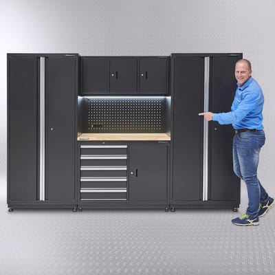 Datona® Werkbank 120 cm met gereedschapskast en twee werkplaatskasten - Zwart