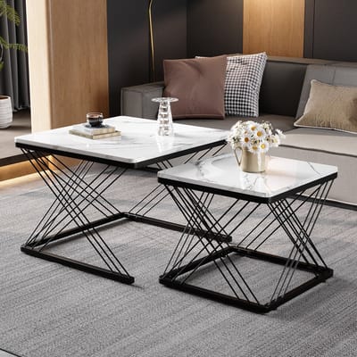 REDOM 2-delig hoogglans salontafelset, vierkante MDF tafels 60×60×45 & 45×45×40 cm, marmerlook, verstelbare voeten