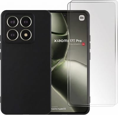 Casemania Hoesje en Glas Geschikt voor Xiaomi 17T Pro - Zwart - Siliconen Back Cover + 2x Glazen Screenprotectors