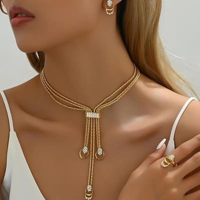 4-delige Luxe Sieradenset Synthetische Zirkonia Ketting Oorbellen Armband Ring Boheemse En Straatstijl Bruiloft Banket Cadeaus 40cm brown
