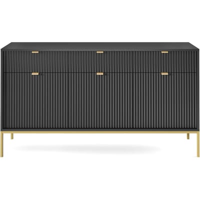 Selsey Vellore - driedeurs commode 154 cm - zwart met gecanneleerde fronten en goudkleurige omlijsting