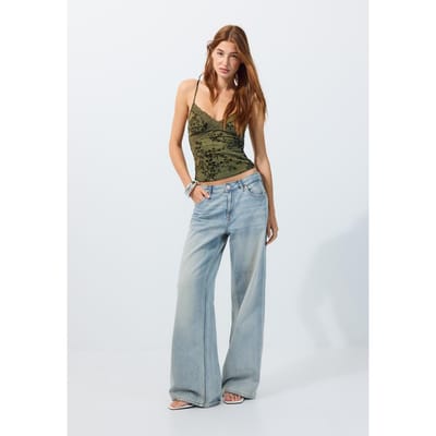 Stradivarius Aansluitende top met flock-print en kant  Kaki XS