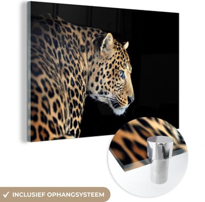 MuchoWow® Glasschilderij 60x40 cm - Schilderij acrylglas - Luipaard - Profiel - Zwart - Foto op glas - Schilderijen