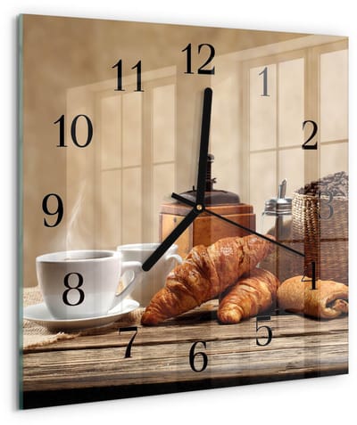Tulup Wandklok - Croissants Wandklok Glas Decoratie - 30x30 cm - Bruin Gekleurde Glazen Klok - Zwarte Handen - Vierkante Wandklok - Wandklok Glas Decoratie - Gekleurde Glazen Klok