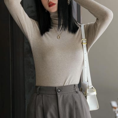 Débardeur à col montant pour femme Automne et Hiver Manches longues Coupe ajustée Pull Noir Haut en Maille XXL