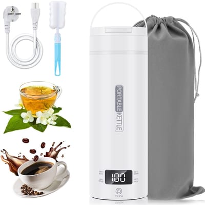 Namajunas - Waterkoker met temperatuurregeling - Elektrische reiswaterkoker Klein 500ML - Warmhoudfunctie - Display - RVS Wit - Thermosbeker travel mug - Met schone borstel, opbergtas - Snel kokend water - Voor babymelk, thee, koffie