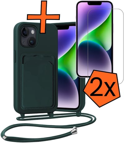 Hoesje Geschikt voor iPhone 13 Hoesje Met Telefoonketting Pasjeshouder Case Met 2x Screenprotector Koord - Hoesje Geschikt voor iPhone 13 Hoes Met Kaarthouder - Donkergroen