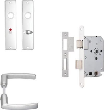 AXA Binnendeurbeslag set (Edge) Aluminium: Kruk (model Blok) op schild voor toilet/badkamer TL63-8 en slot met witte voorplaat